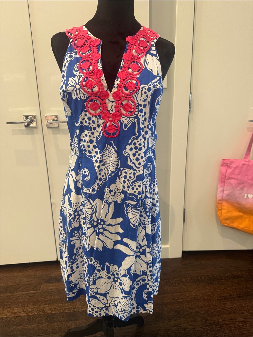 Lilly Pulitzer Blue & White Printed Cover-Up with Pink Crochet Neckline